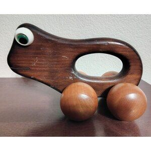 Handmade Wooden Frog Hand Massager, Wood Rolling Wheels Children's Toy